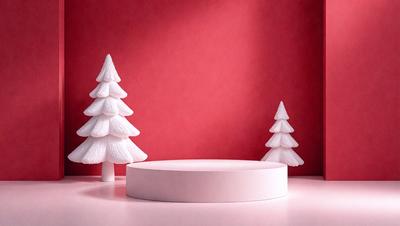 The primary subject of the image is a white, fuzzy tree, which is the main object in the scene. The setting is a red background, which creates a striking contrast with the white tree. The visual style of the image is a combination of photo and digital art, giving it a unique and creative appearance. The dominant colors in the image are red and white, with the red background providing a bold and vibrant atmosphere.